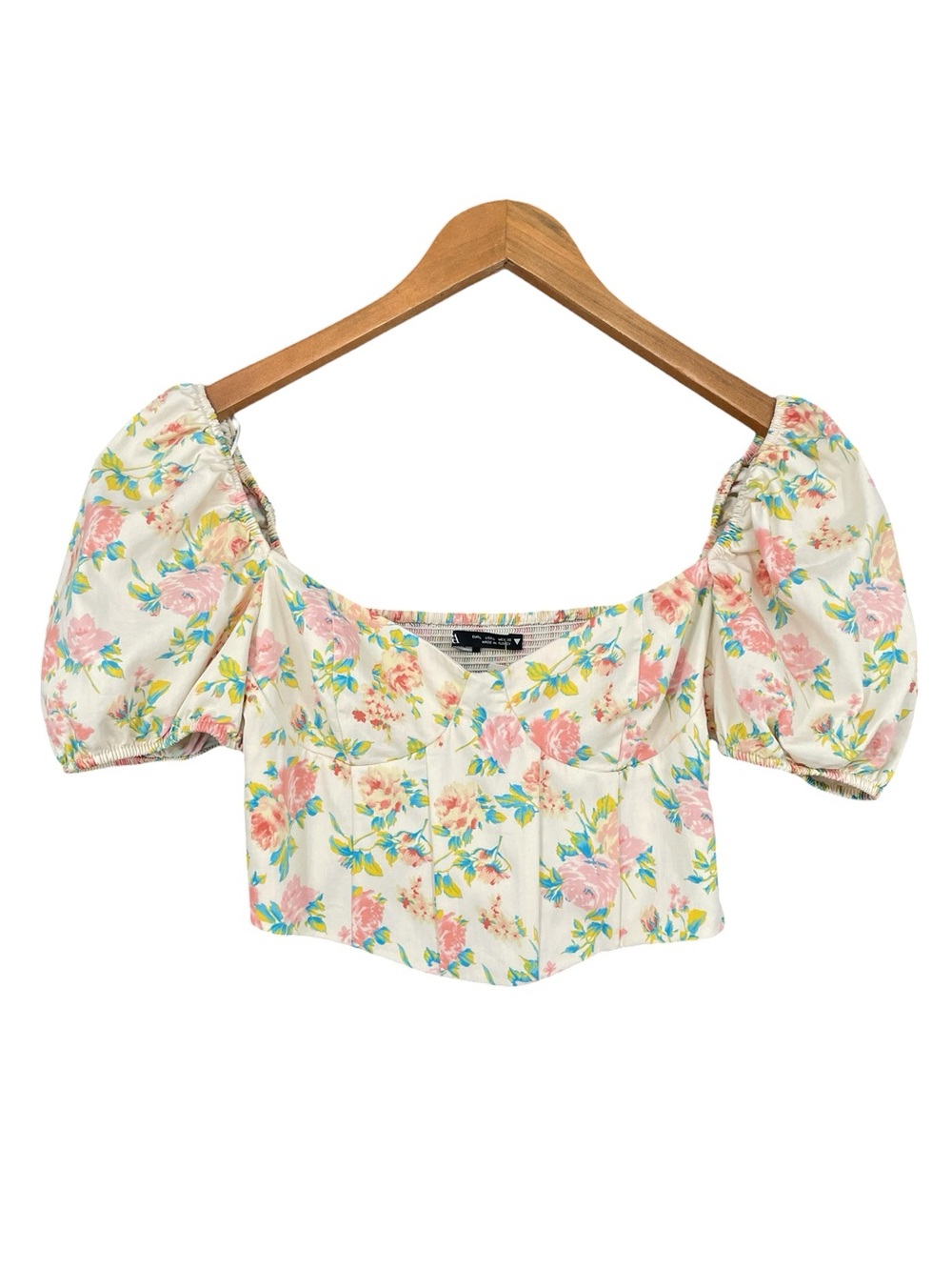 Zara Floral Corset‑Style Puff‑Sleeve Crop Top Cream Rose Print Size Large